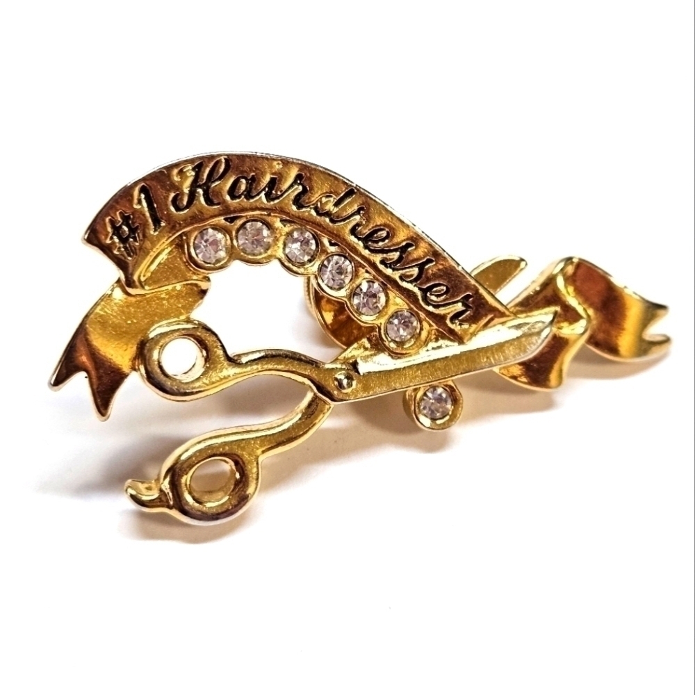 VINTAGE AVON Gold-Tone #1 HAIRDRESSER Scissors Rhinestone Brooch Pin